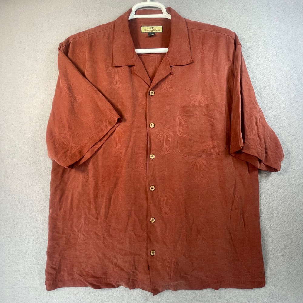 Tommy Bahama Shirt Mens XL Maroon Silk Relaxed Camp Palm Tree Jacquard SS